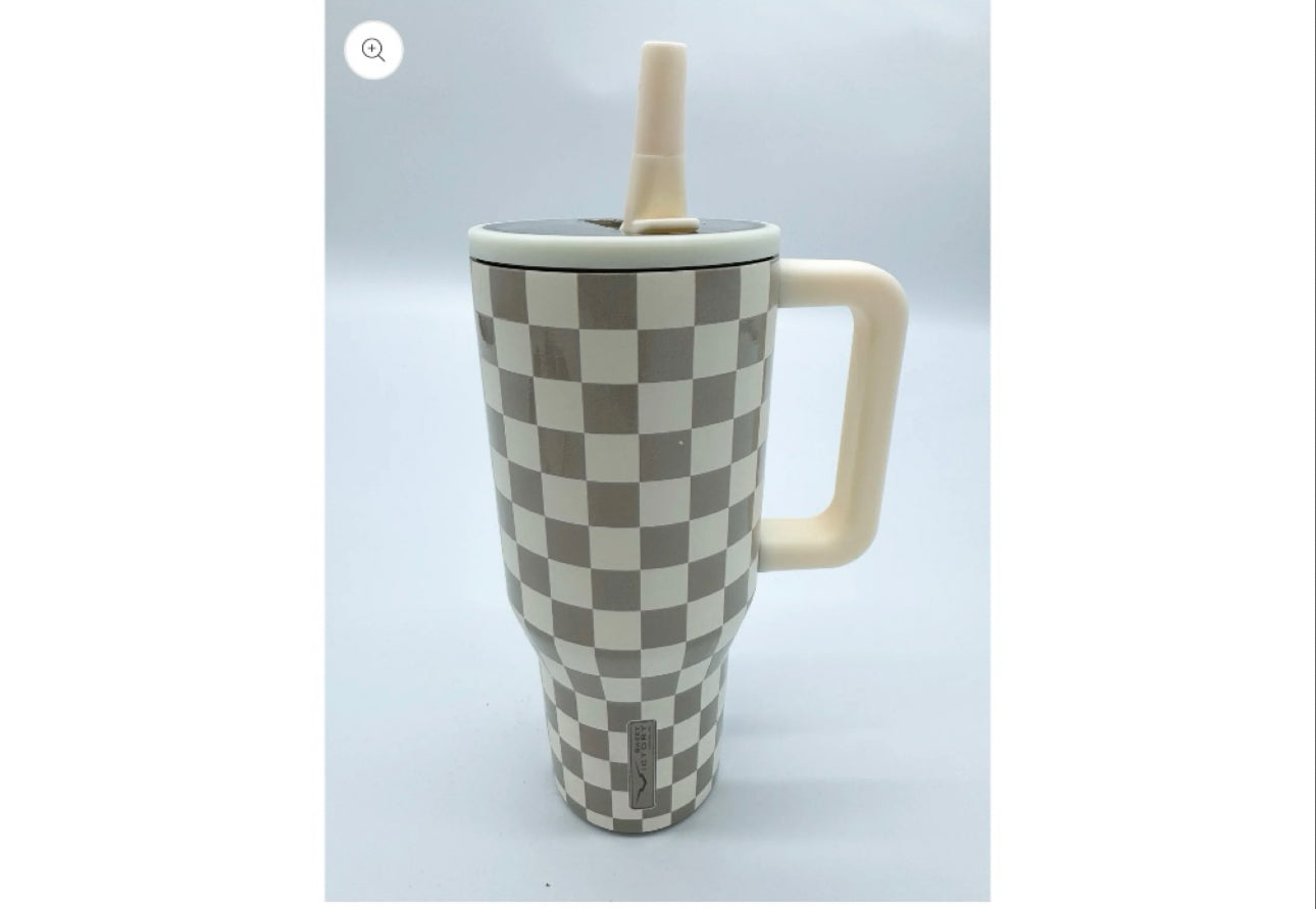 Sweet Victory- Creme Checkered 30oz Tumbler with Handle & Straw