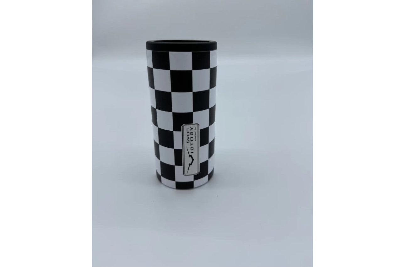 Sweet Victory- Black Checkered Slimcan Koozie