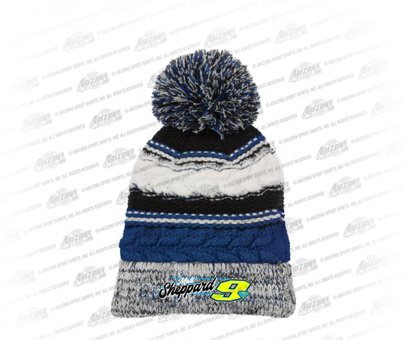 Black & Blue Striped Pom Pom Beanie