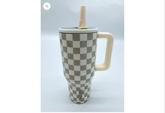 Sweet Victory- Creme Checkered 30oz Tumbler with Handle & Straw